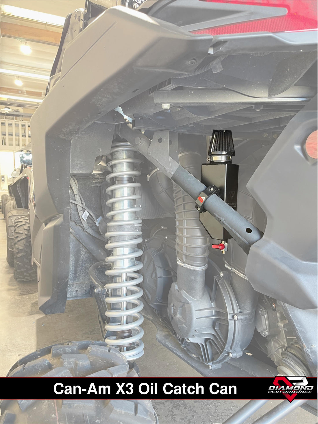 Diamond Performance multi-chambered catch can mounted on Can-Am Maverick X3 engine bay