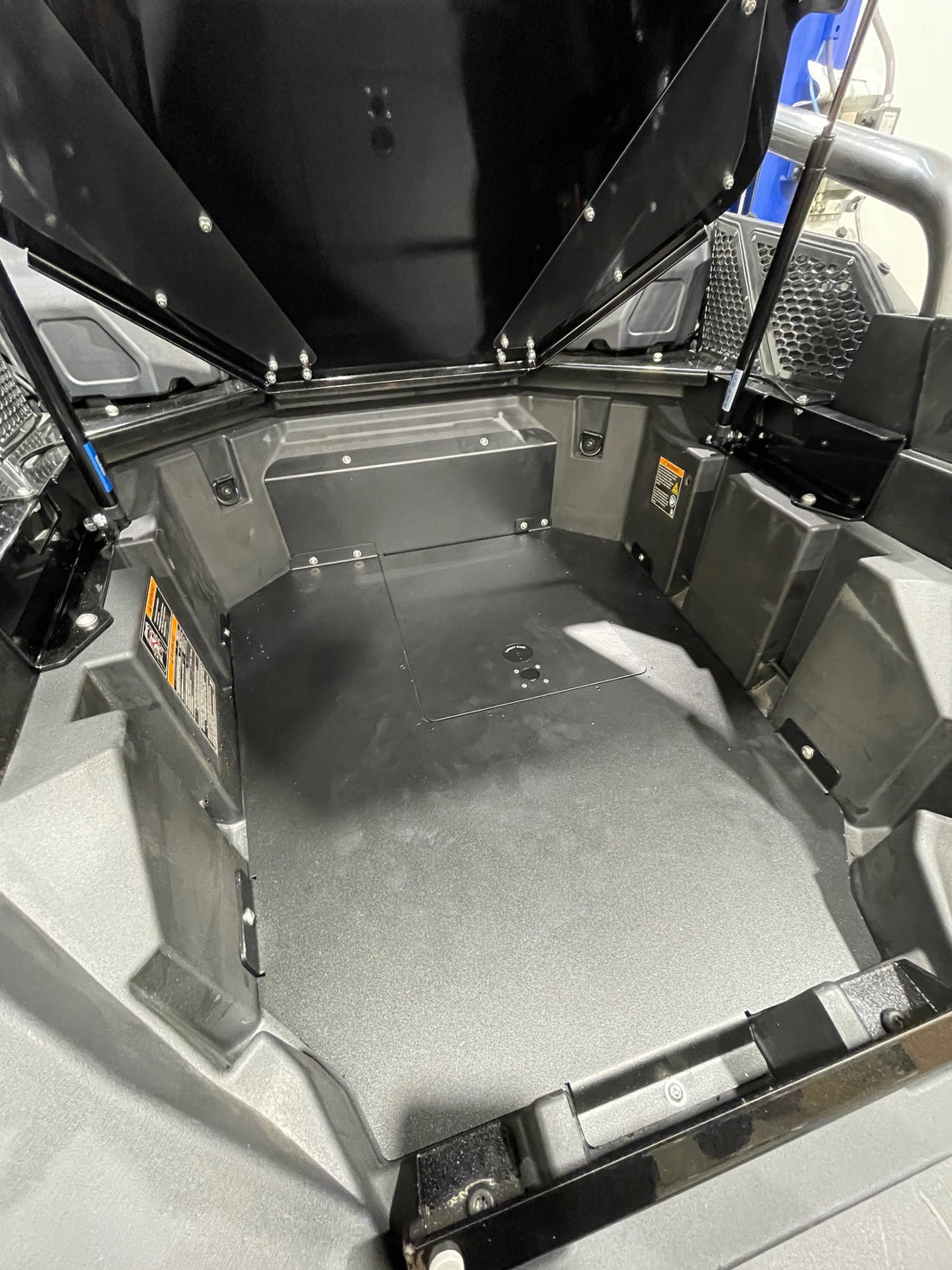 Diamond Performance Baja Engine Access Panel installed on Polaris RZR Pro R showing hatch open for engine access